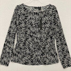 New Tahari Black White Zebra Print Round Neck Stretch Knit Pullover Top Large